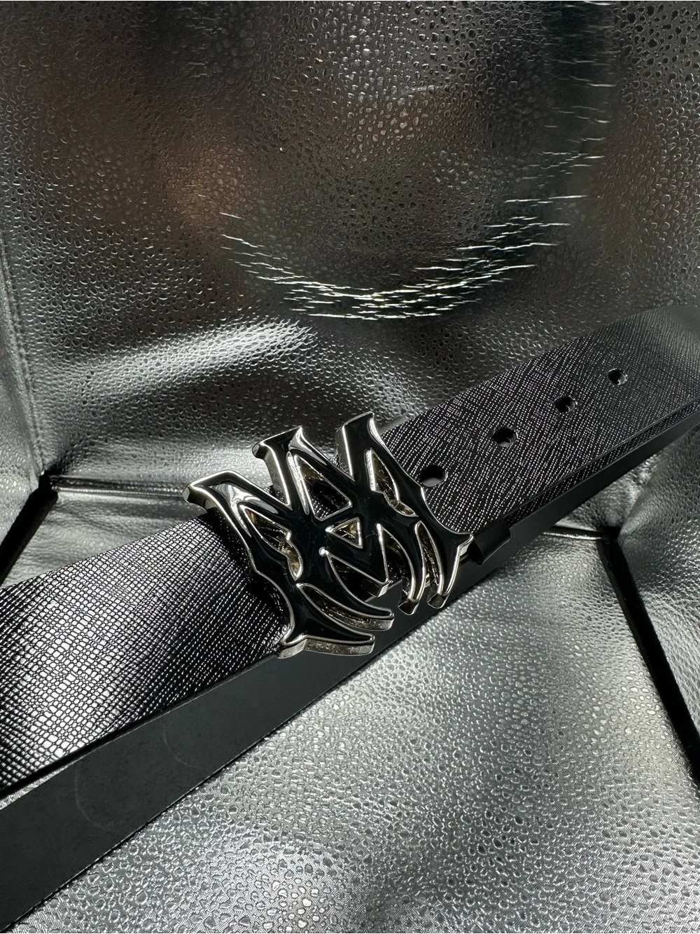 AMIRI Men's Black Leather Belt with Silver Signature Buckle N/A